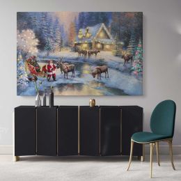 Christmas Winter Vintage Village Scene Holiday Decor Wall Art Print Painting On Framed Canvas