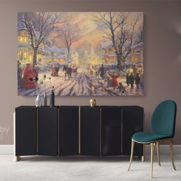 Vintage Christmas Village Scene Winter Holiday Decor Wall Art Print Painting On Framed Canvas