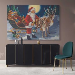 Santa Claus's Reindeer Vintage Winter Village Christmas Scene wall art On Canvas Wall Art