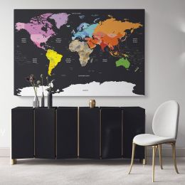 Black Background with Large Bright Colorful WorldMap WallMap Canvas With Frame For Wall Art Canvas