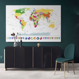 Highly Detailed Political World Map With Globes And Navigation Icons Wall Art World Canvas Wall Art
