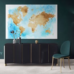 Blue with Brown Large World Map Canvas Nursery Playroom WallMap Canvas Wall Art