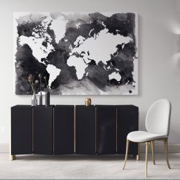 Black With White Water Color World Map Large Canvas Nursery Playroom Wall Art Office Canvas Wall Art
