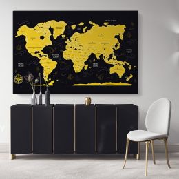 Modern Black With Yellow World Map Large Canvas Nursery Playroom Wall Art Office Canvas Wall Art