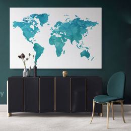 Modern Bright Teal Blue Water Colorfull World Map Canvas Wall Art