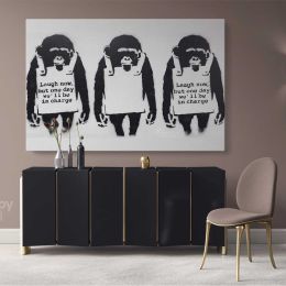 Banksy Monkey Laugh Now Street Arts Print in Canvas with Frame