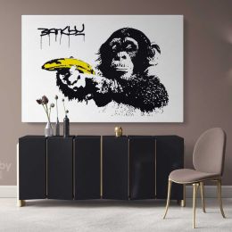 Monkey with Banana Banksy Graffiti Street Wall Arts Print in Framed Canvas