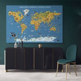 Amazing Animal World Map Canvas Kids Nursery World Animals For Canvas Wall Art