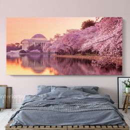 Panoramic Cherry Blossoms and Jefferson Memorial Monument of the Tidal Basin Canvas Wall Art