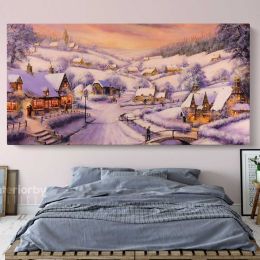 Winter Christmas Vintage Village Scene Holiday Decor Print Painting On Framed Canvas