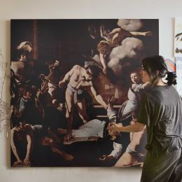Dramatic Biblical Scene by Caravaggio Square Canvas Wall Art