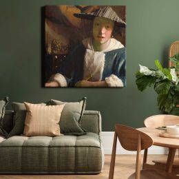 Girl with a Flute (ca. 1665–1675) attributed by Johannes VERMEER Square Canvas Wall Art