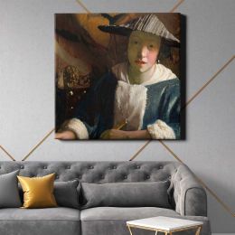 Girl with a Flute (ca. 1665–1675) attributed by Johannes VERMEER Square Canvas Wall Art