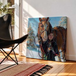 Girl with a Horse in Winter Square Canvas Wall Art