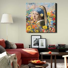 Girl with a Pearl Earring & daisy remixed floral collage, Johannes Vermeer & Odilon Redon-inspired aesthetic illustration Square Canvas Wall Art