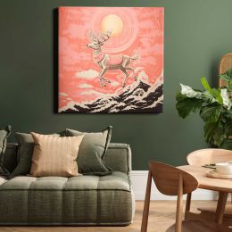 Gold silver pink santas reindeer flying drawing nature mammal Square Canvas Wall Art