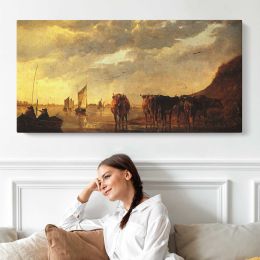 Herdsman with Cows by a River by Aelbert Cuyp Panoramic Canvas Print