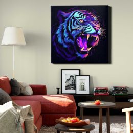 Illustration roaring tiger neon rim light purple wildlife animal Square Canvas Wall Art