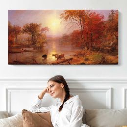 Indian Summer on the Hudson River by Albert Bierstadt Panoramic Canvas Print