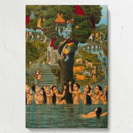 Krishna Stealing Clothes - Sacred Yamuna Scene with Gopis By Unknown Indian Artist 