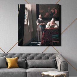 Lady Writing a Letter with her Maid (ca. 1670–1671) famous painting. by Johannes VERMEER Square Canvas Wall Art