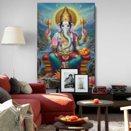 Lord Ganesha - Golden Throne with Sweets in Sacred Backdrop By Unknown Indian Artist 