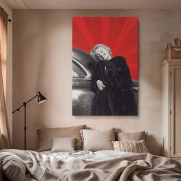 Marilyn in Black Fur Coat - Leaning on Classic Car Glam Canvas Wall Art 
