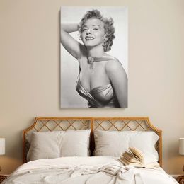Marilyn Monroe Satin Gown and Jewelry - Black and White Hollywood Canvas 