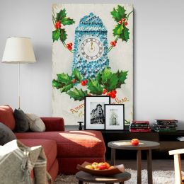 Merry Christmas and Happy New Year - Holly and Clock Vintage Print