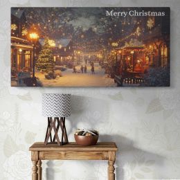 Merry Christmas Village at Night Panoramic Wall Art