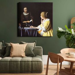 Mistress and Maid (ca. 1666–1667) famous painting. by Johannes VERMEER Square Canvas Wall Art