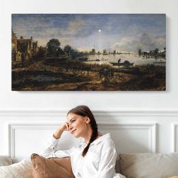 Moonlit River Landscape by Aert van der Neer Panoramic Canvas Print