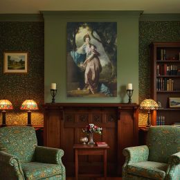 Mrs Woodhull Portrait by Johan Zoffany - Gentle Pose in Blue and Pink Garden Scene 