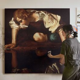 Narcissus by Caravaggio Square Canvas Wall Art