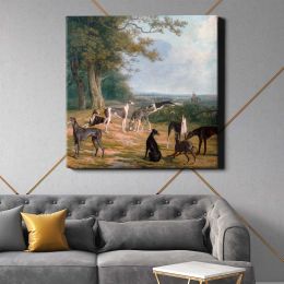 Nine Greyhounds in a Landscape (ca. 1807) painting in high resolution by Jacques–Laurent Agasse Square Canvas Wall Art