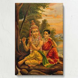 Radha Listening to Krishna - Peaceful Riverside Moment in Hindu Art