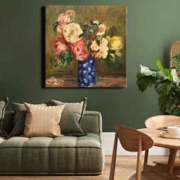 Renoir flower art print, famous Bouquet of Roses still life painting (1882) by Pierre-Auguste Renoir Square Canvas Wall Art