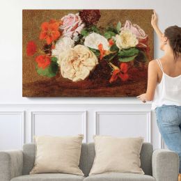 Roses and Nasturtiums in a Vase by Henri Fantin-latour Canvas Wall Art Print