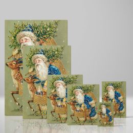 Santa Claus in Blue Coat - Reindeer and Gifts Holiday Art