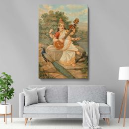 Sarasvati with Sitar - Serene River Rock Scene By Raja Ravi Varma 