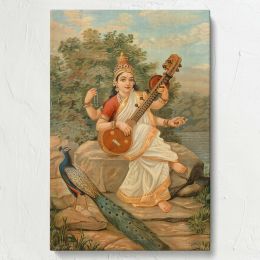 Sarasvati with Sitar - Serene River Rock Scene By Raja Ravi Varma 