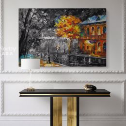 Leonid Afremov Black and White Oil Painting Rain In The City Canvas Wall Art