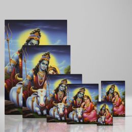 Shiva, Parvati and Nandi - Traditional Indian Deity Scene By Unknown Indian Artist 