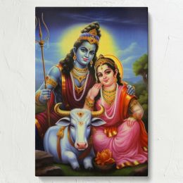 Shiva, Parvati and Nandi - Traditional Indian Deity Scene By Unknown Indian Artist 