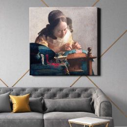 The Lacemaker (ca.1669–1671) famous painting.Johannes VERMEER Square Canvas Wall Art