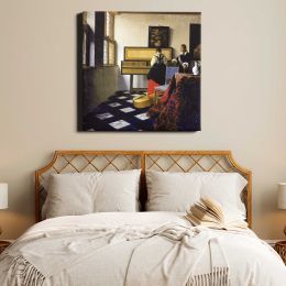 The Music Lesson (ca. 1662–1665) famous painting. BY Johannes VERMEER Square Canvas Wall Art