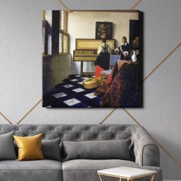 The Music Lesson (ca. 1662–1665) famous painting. BY Johannes VERMEER Square Canvas Wall Art