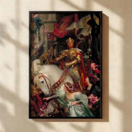 The Two Crowns by Frank Dicksee - Knight in Gold Armor with White Horse 