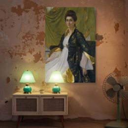 Victorian Woman by William Blake Richmond - Navy and Gold Robe in Green Drapery 