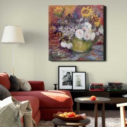 Vincent van Gogh's Bowl With Sunflowers Roses And Other Flowers (1886) Square Canvas Wall Art